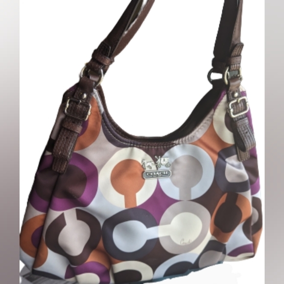 Coach Handbags - EUC Coach Maggie Madison graphic op satin white brown copper purple navy taupe